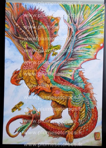 Inktober 10 : "Colossal" (dragon) aquarelle et gouache originale 29,7x42cm (A3)