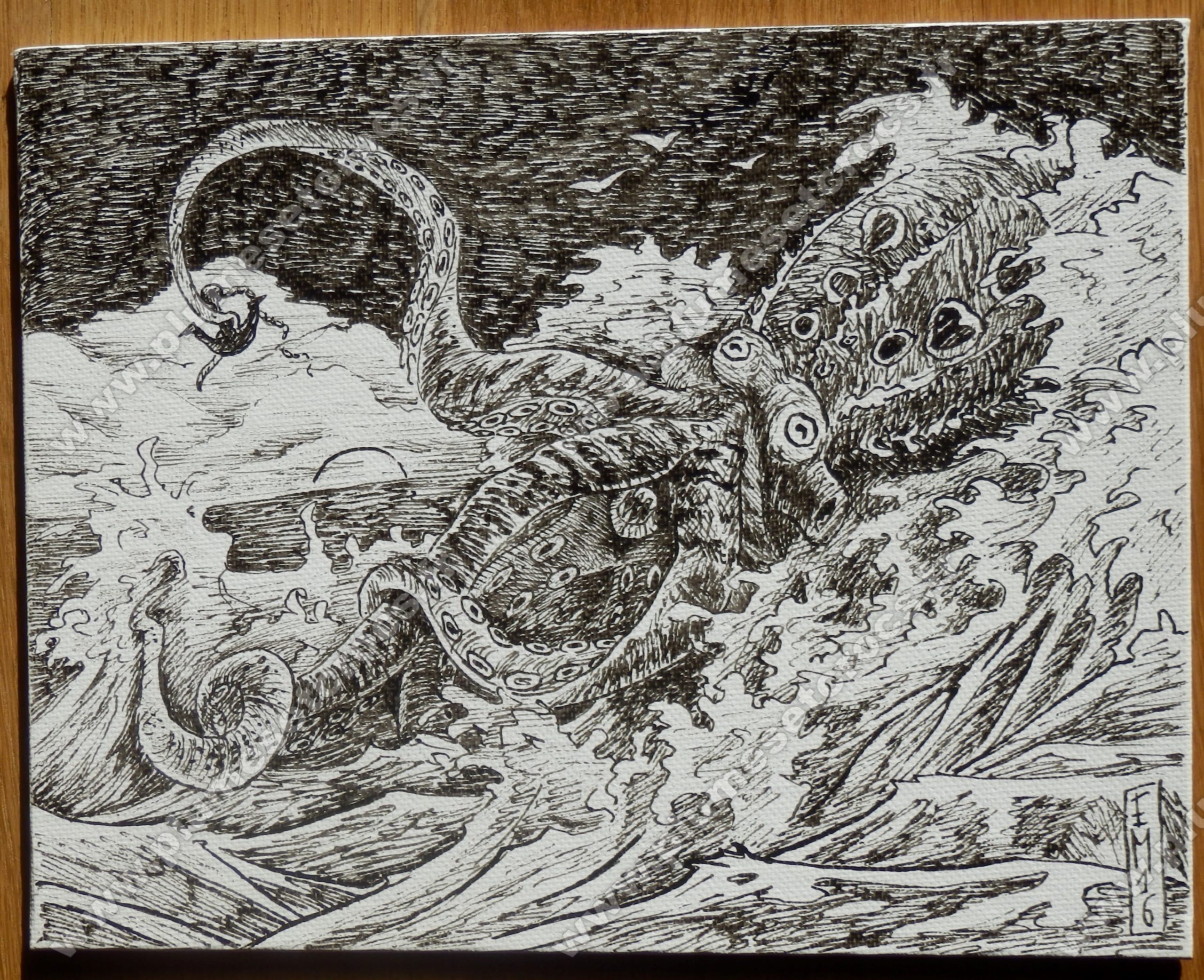 Toile Nuit en haute mer (kraken) encre de Chine 18x24cm - Plumes & Crocs